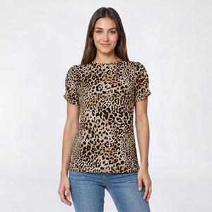 Womens AK Anne Klein Short Pleat Sleeve Crew Neck Leopard Blouse